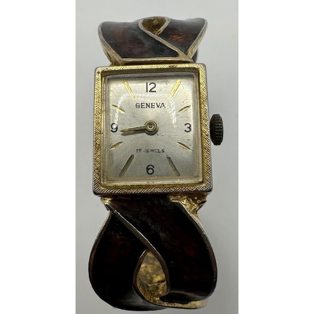 Geneva 17 Jewels Enamel Vintage Manual Wind Gold Tone Womens Cuff Watch Rare U